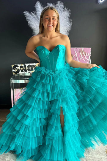 Black A Line Sweetheart Neck Layered Satin Tulle Long Wedding Guest Dress Evening Dress with Slit HZ1023